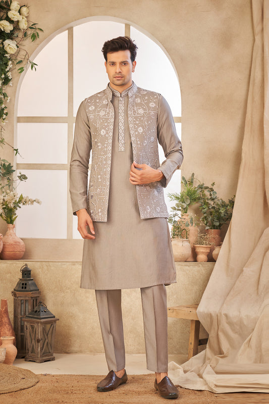 Embroidered Grey Art Silk Kurta Jacket (NMK-8060) - Nihal Fashions