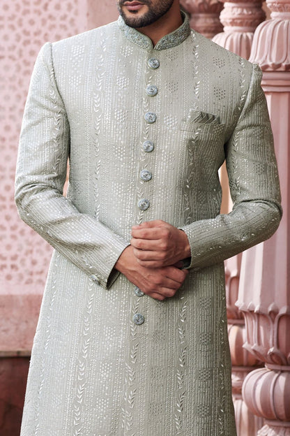 Embroidered Grey Art Silk Sherwani (NMK-7115) - Nihal Fashions
