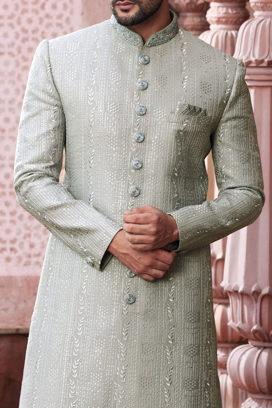 Embroidered Grey Art Silk Sherwani (NMK-7115) - Nihal Fashions
