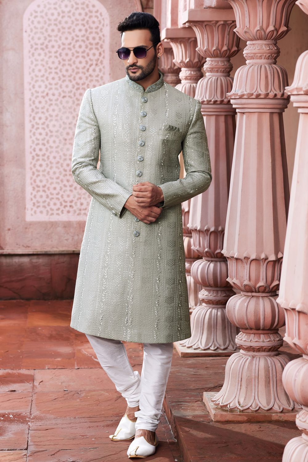 Embroidered Grey Art Silk Sherwani (NMK-7115) - Nihal Fashions