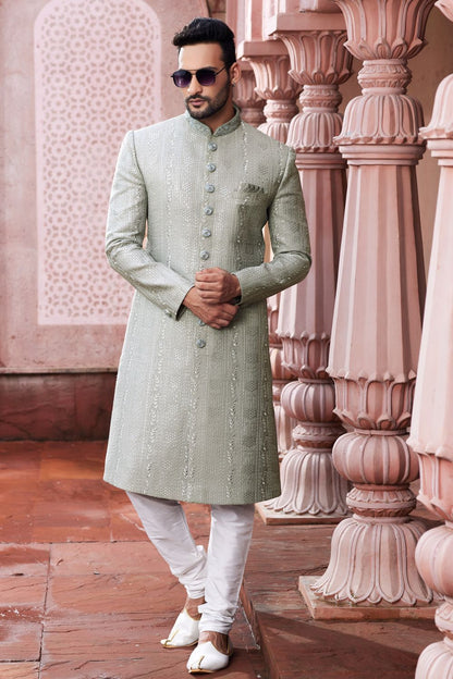 Embroidered Grey Art Silk Sherwani (NMK-7115) - Nihal Fashions