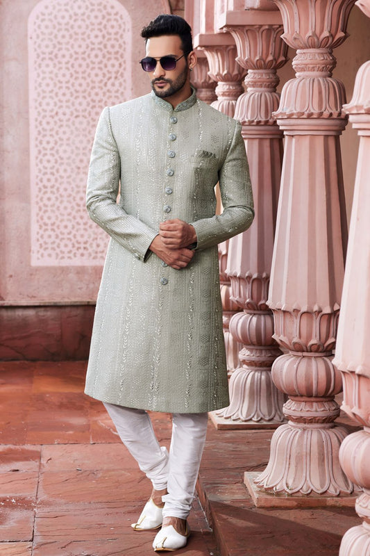 Embroidered Grey Art Silk Sherwani (NMK-7115) - Nihal Fashions