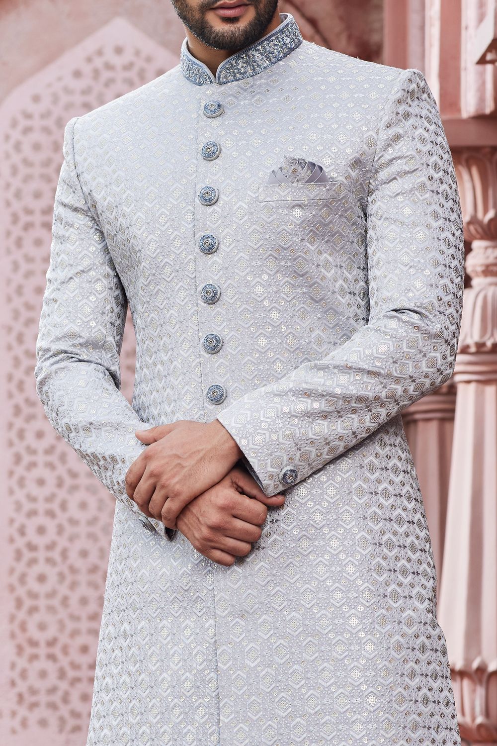 Embroidered Grey Art Silk Sherwani (NMK-7118) - Nihal Fashions