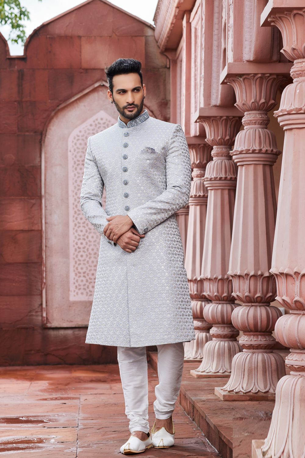 Embroidered Grey Art Silk Sherwani (NMK-7118) - Nihal Fashions