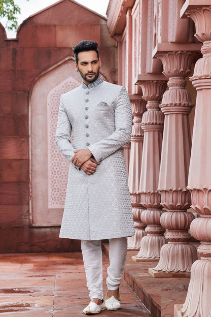 Embroidered Grey Art Silk Sherwani (NMK-7118) - Nihal Fashions