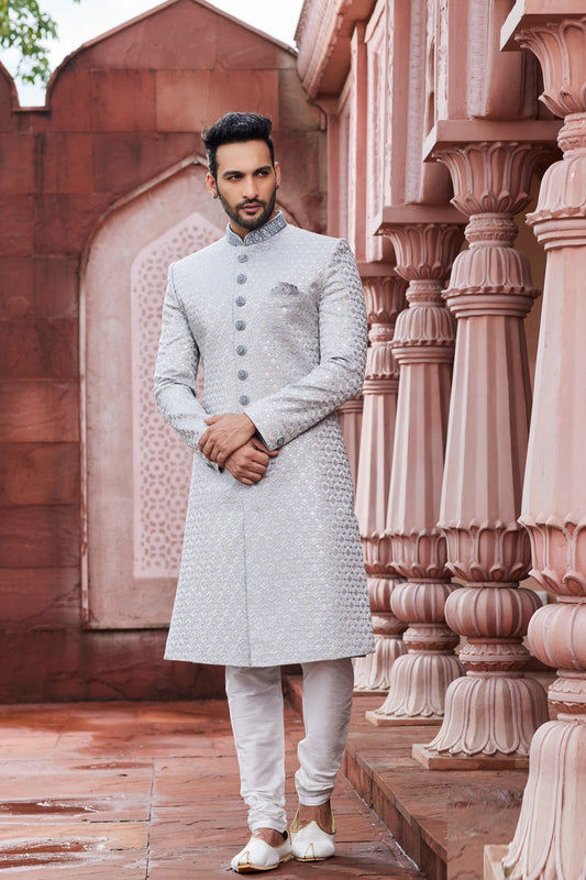 Embroidered Grey Art Silk Sherwani (NMK-7118) - Nihal Fashions