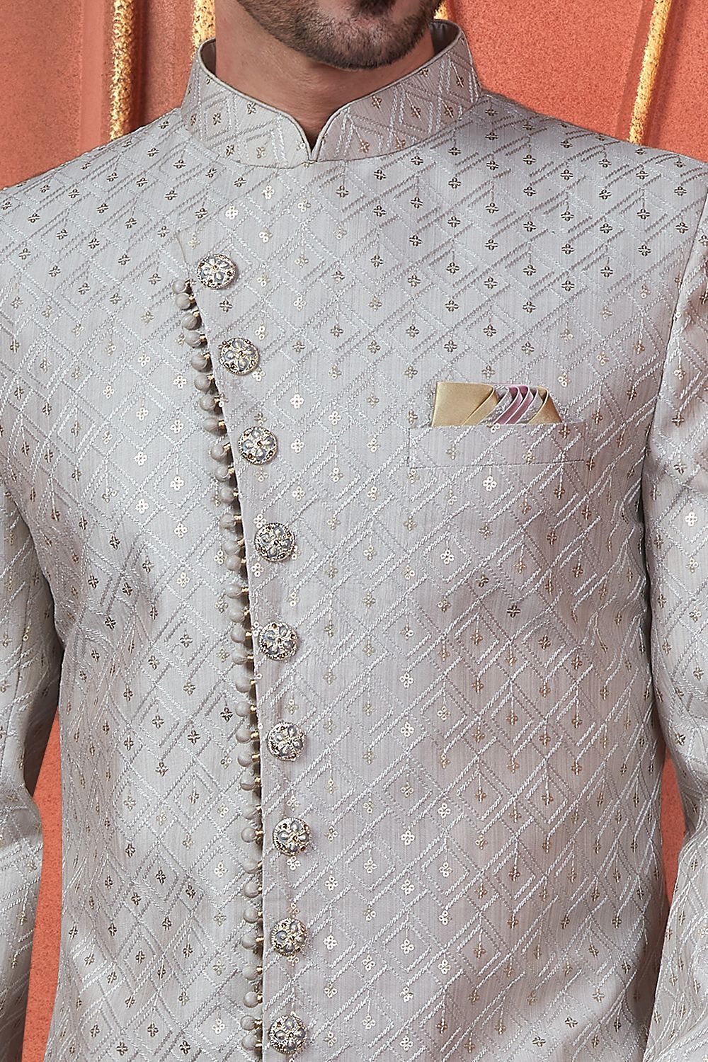 Embroidered Grey Art Silk Sherwani (NMK-7734) - Nihal Fashions