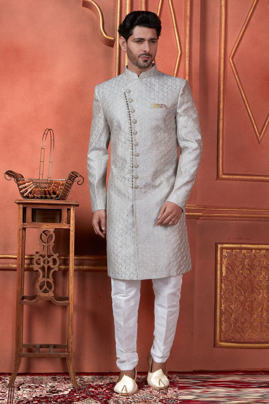 Embroidered Grey Art Silk Sherwani (NMK-7734) - Nihal Fashions