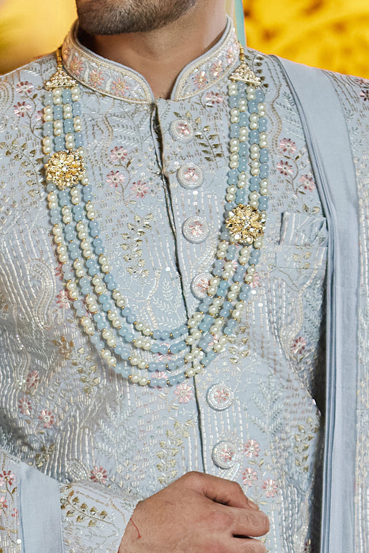 Embroidered Grey Art Silk Sherwani (NMK-8190) - Nihal Fashions