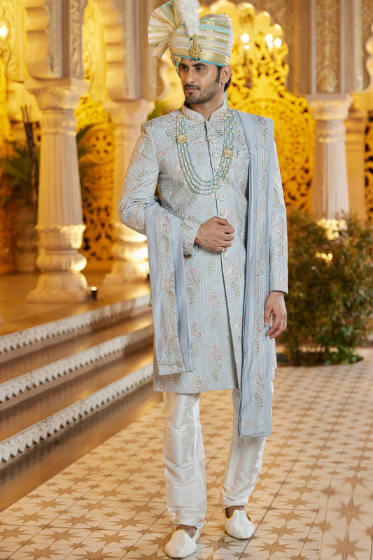Embroidered Grey Art Silk Sherwani (NMK-8190) - Nihal Fashions