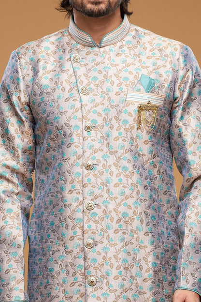 Embroidered Grey Banarasi Jaquard Indo Western (NMK-7031) - Nihal Fashions