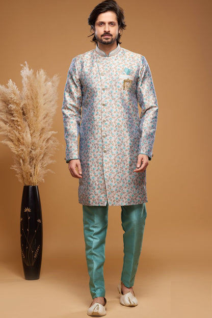 Embroidered Grey Banarasi Jaquard Indo Western (NMK-7031) - Nihal Fashions
