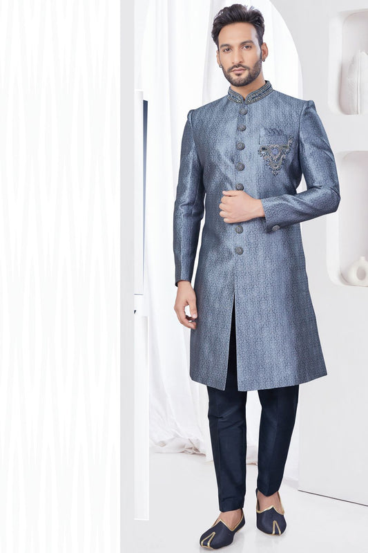 Embroidered Grey Jaquard Indo Western (NMK-7795) - Nihal Fashions