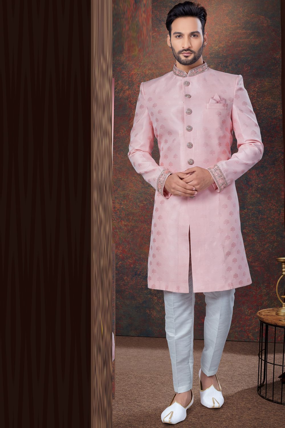 Embroidered Jaquard Pink Indo Western (NMK-7796) - Nihal Fashions