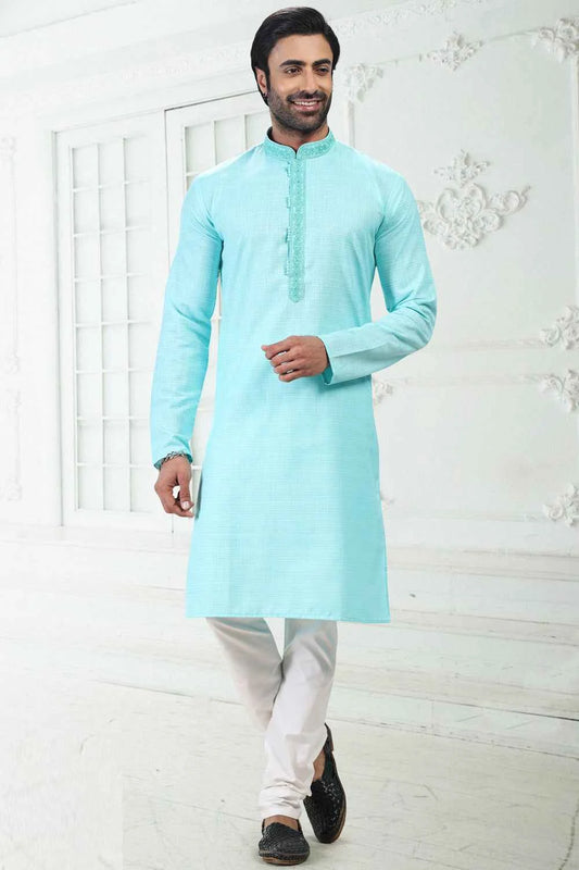 Embroidered Linen Cotton Kurta in Blue (NMK-6655)