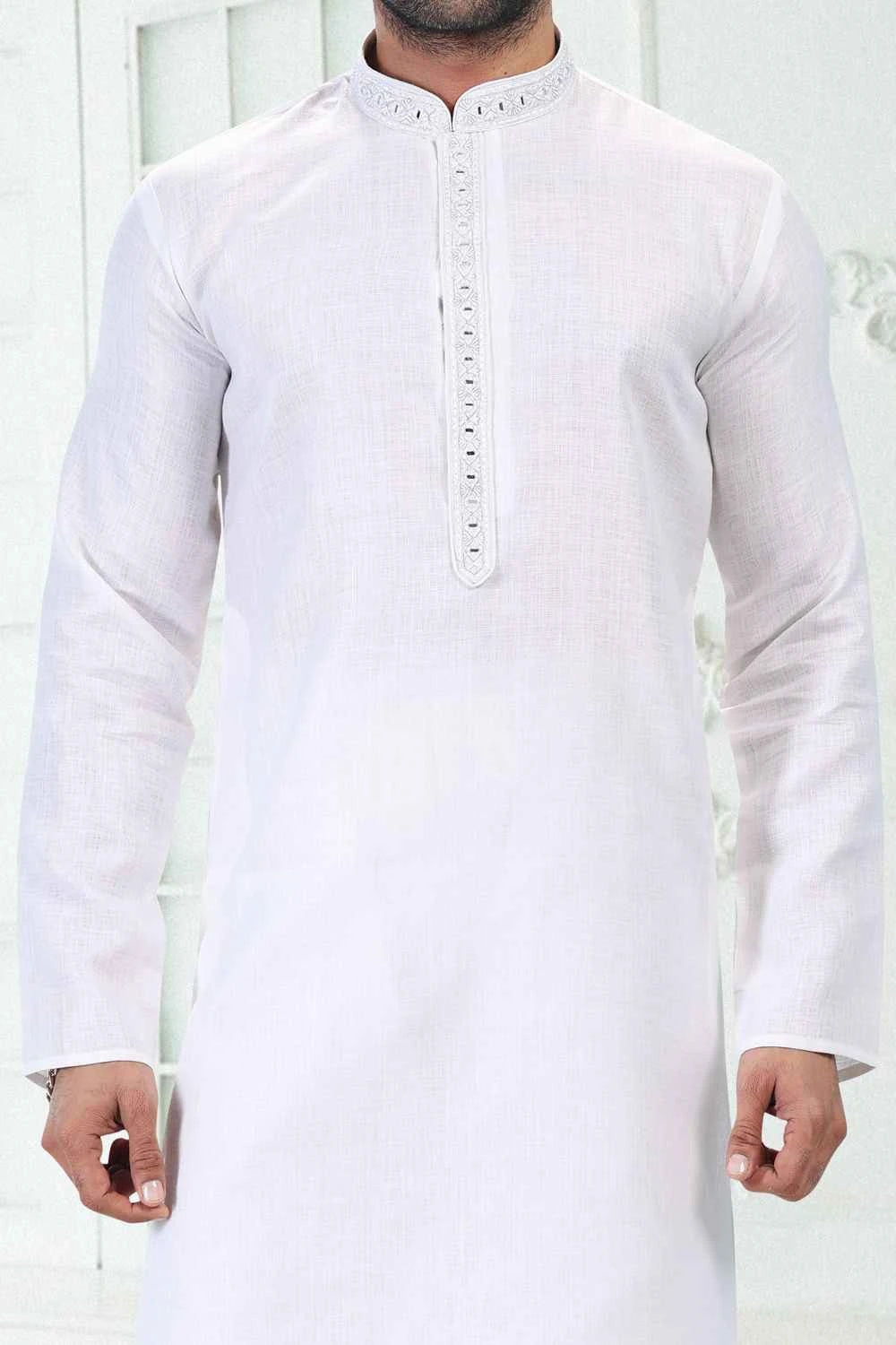 Embroidered Linen Cotton Off White Kurta Pajama (NMK-6645)