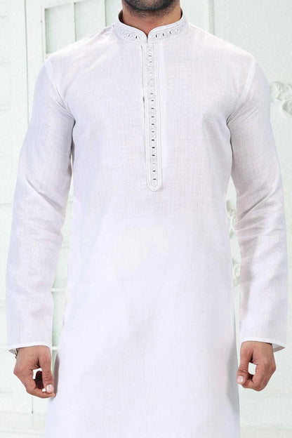 Embroidered Linen Cotton Off White Kurta Pajama (NMK-6645)