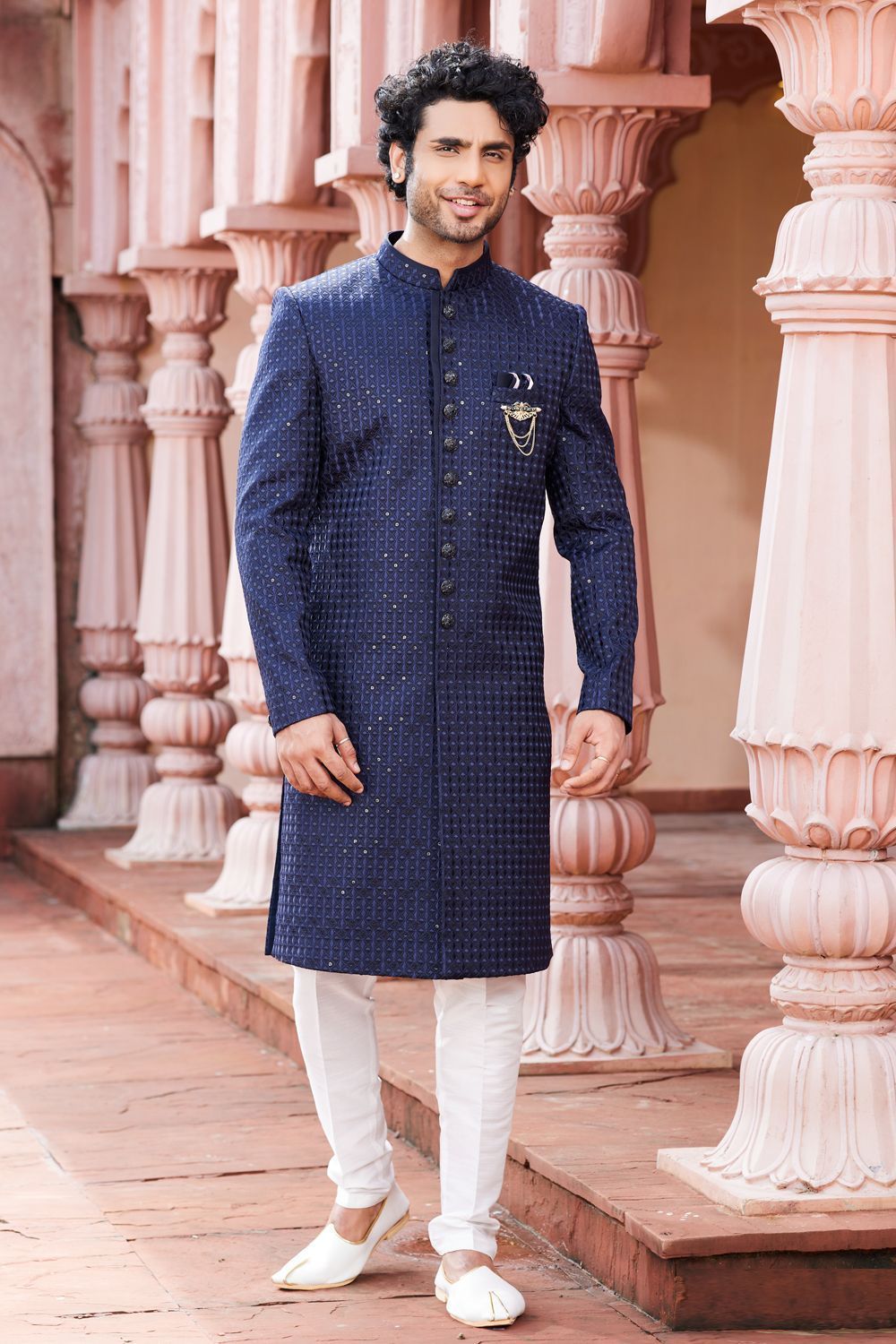 Embroidered Navy Blue Art Silk Sherwani (NMK-7123) - Nihal Fashions