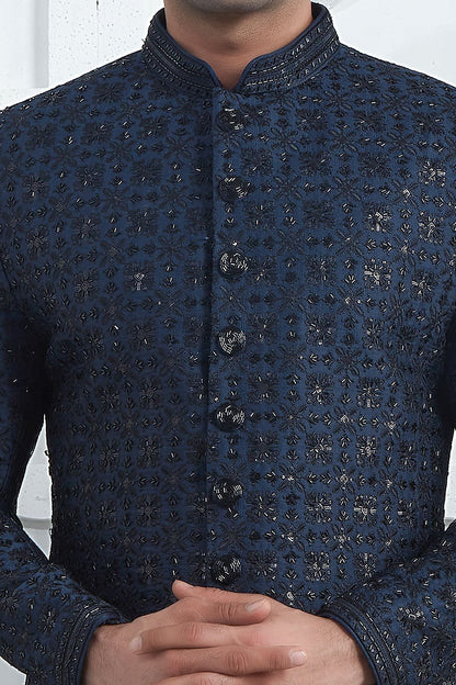 Embroidered Navy Blue Art Silk Sherwani (NMK-7714) - Nihal Fashions