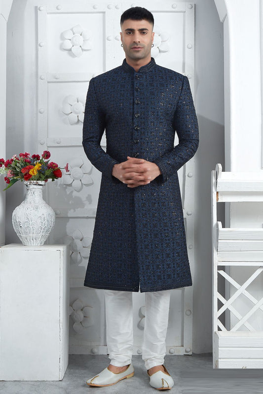 Embroidered Navy Blue Art Silk Sherwani (NMK-7714) - Nihal Fashions