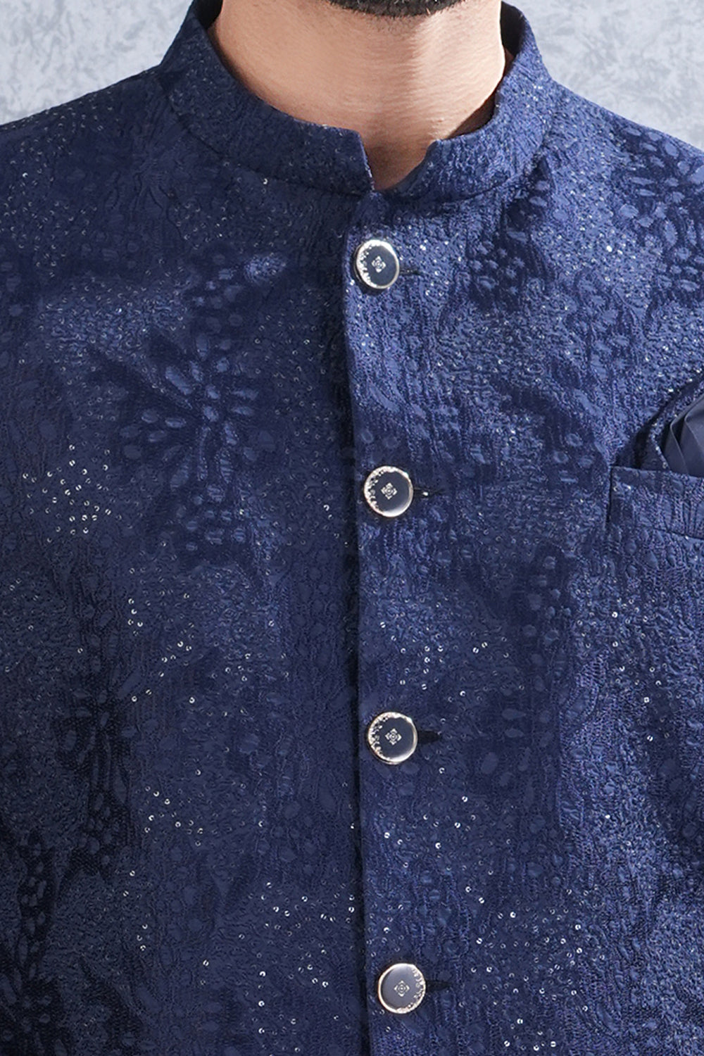 Embroidered Navy Blue Tussar Silk Jodhpuri (NMK-8463) - Nihal Fashions