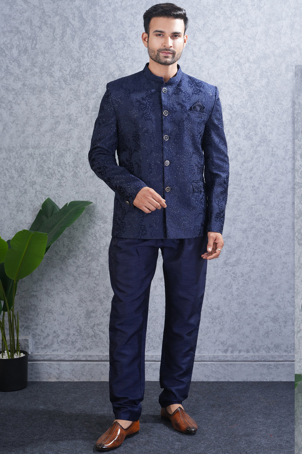 Embroidered Navy Blue Tussar Silk Jodhpuri (NMK-8463) - Nihal Fashions