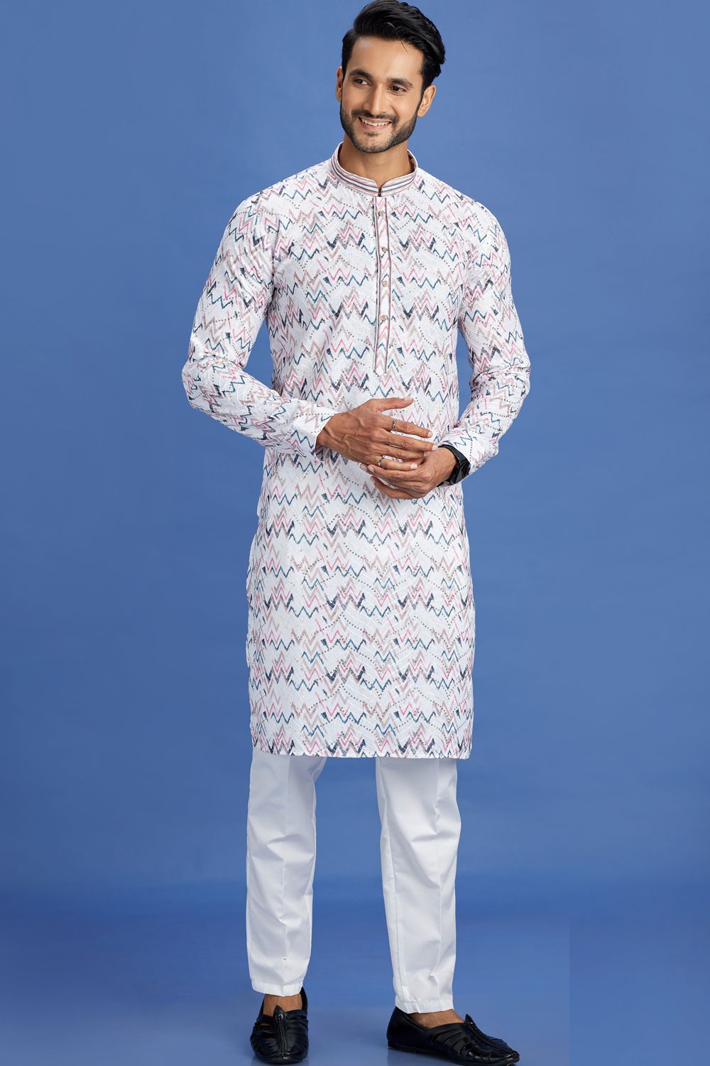 Embroidered Off White Cotton Kurta Pajama (NMK-7518) - Nihal Fashions