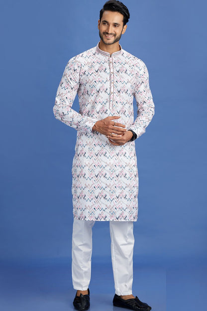 Embroidered Off White Cotton Kurta Pajama (NMK-7518) - Nihal Fashions