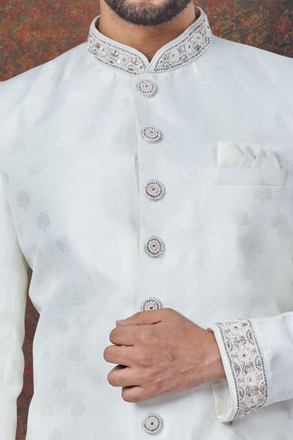 Embroidered Off White Jaquard Indo Western (NMK-7773) - Nihal Fashions