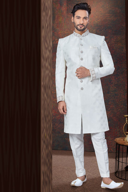 Embroidered Off White Jaquard Indo Western (NMK-7773) - Nihal Fashions