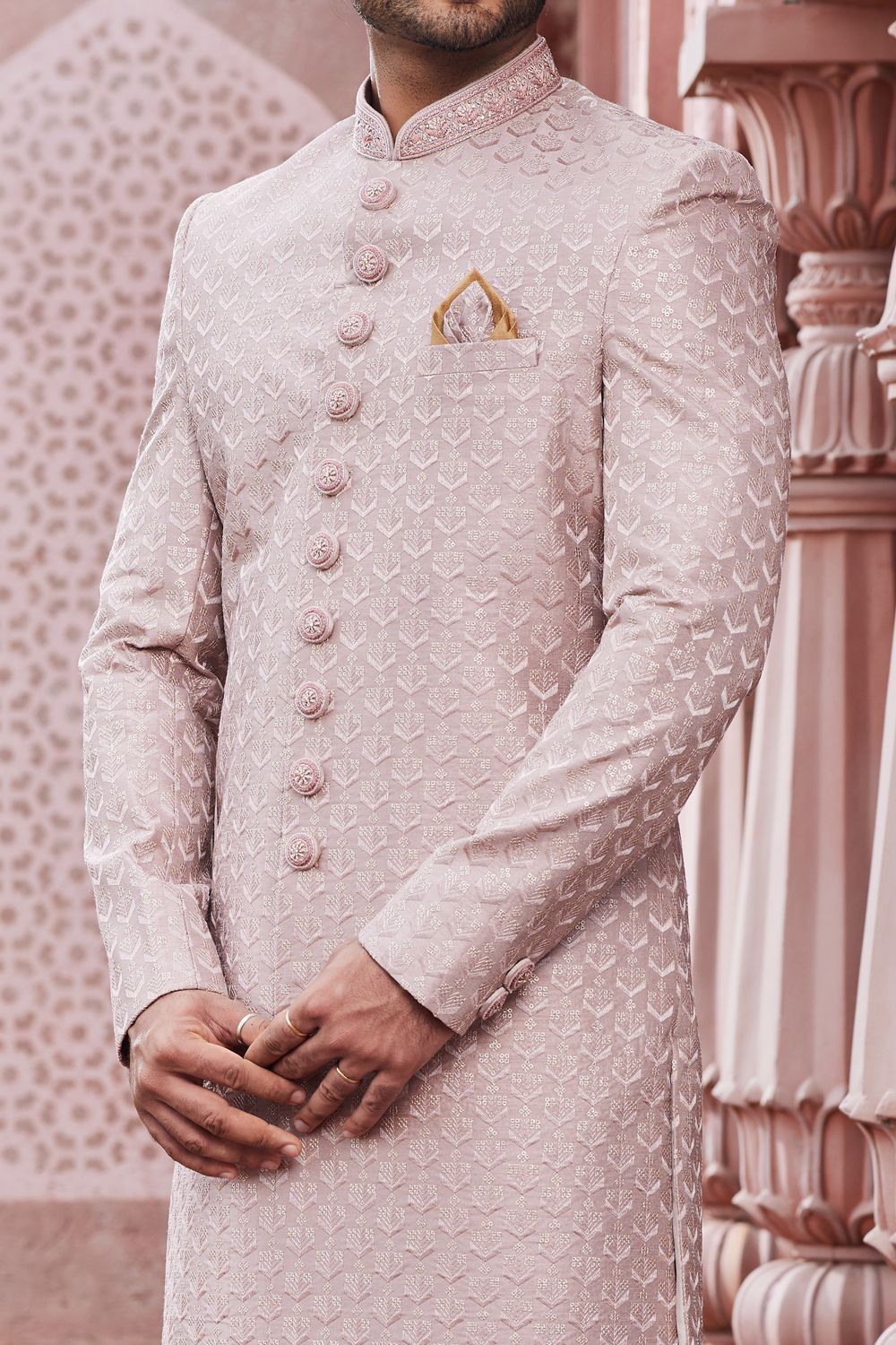 Embroidered Onion Pink Art Silk Sherwani (NMK-7119) - Nihal Fashions