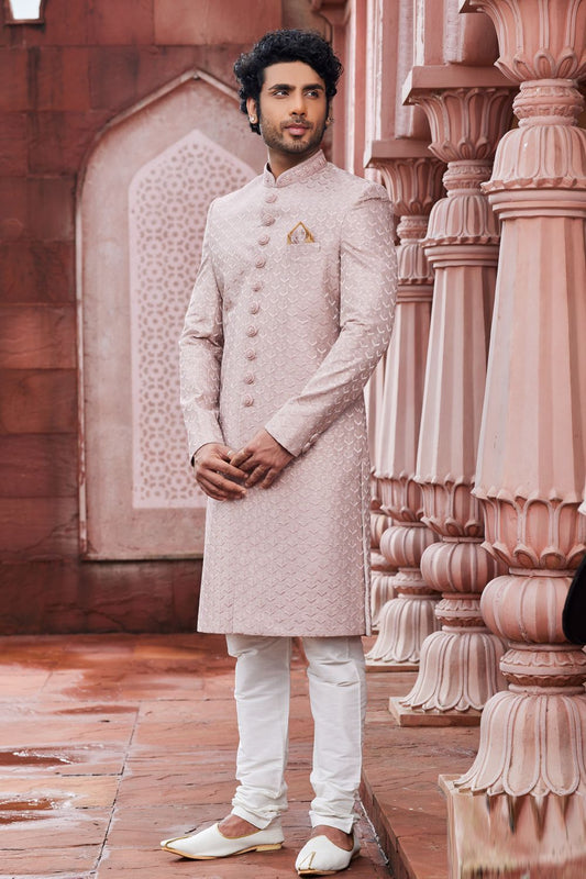 Embroidered Onion Pink Art Silk Sherwani (NMK-7119) - Nihal Fashions