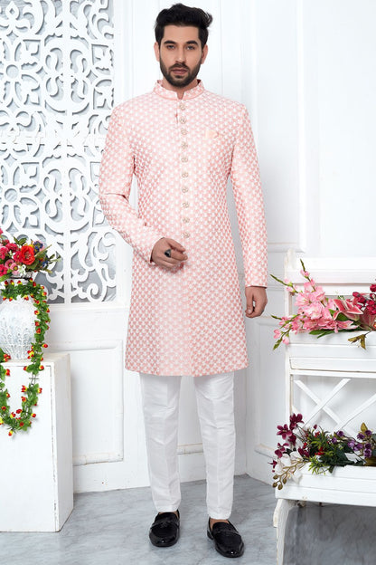 Embroidered Peach Art Silk Indo Western (NMK-7199) - Nihal Fashions