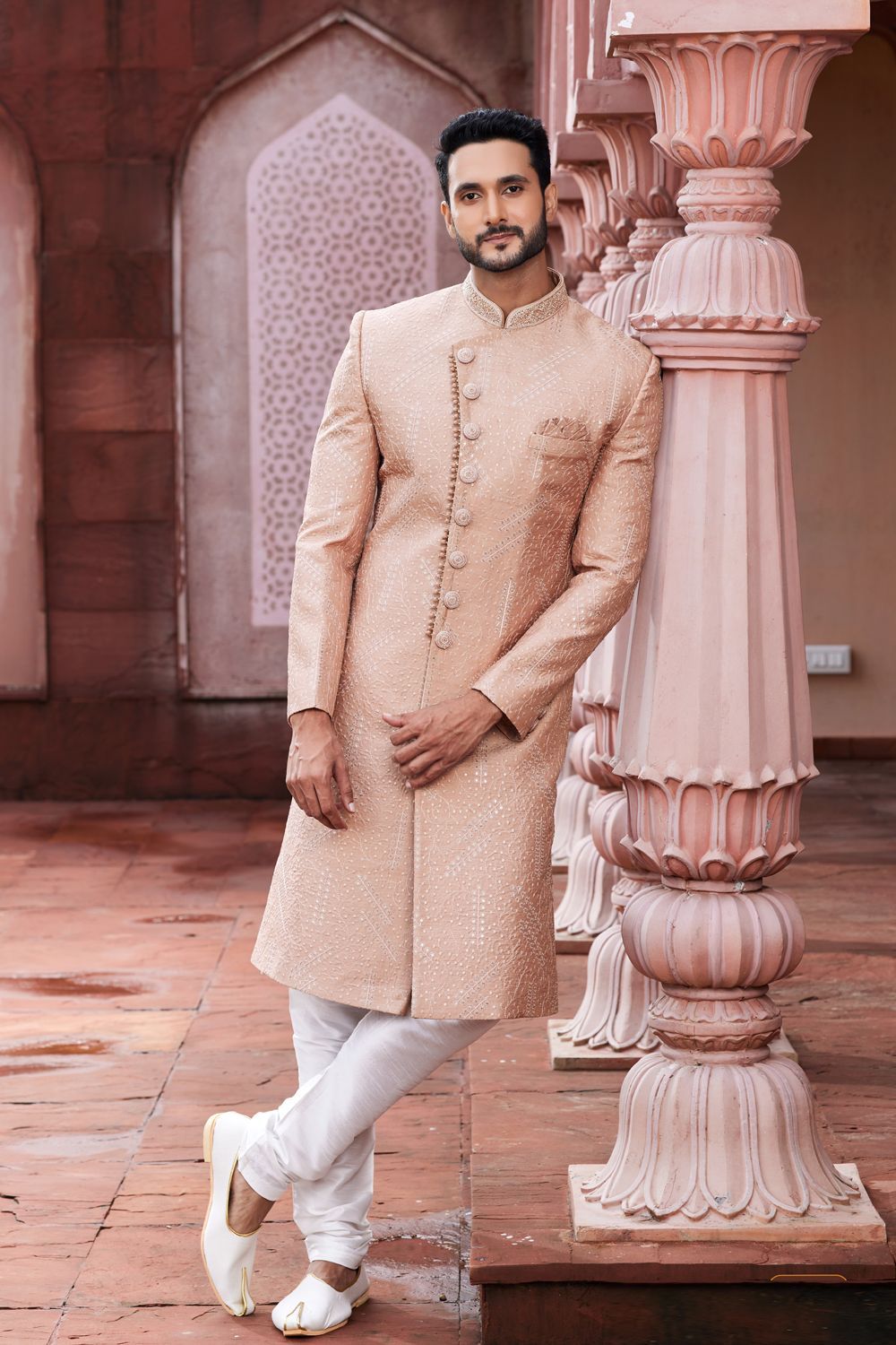 Embroidered Peach Art Silk Sherwani (NMK-7120) - Nihal Fashions