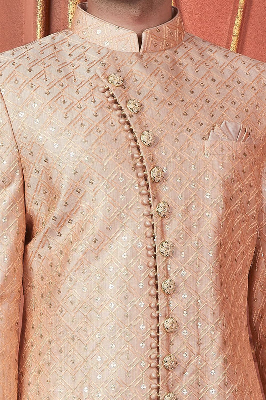 Embroidered Peach Art Silk Sherwani (NMK-7735) - Nihal Fashions