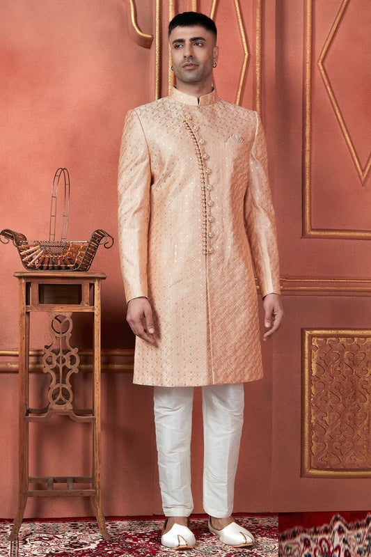 Embroidered Peach Art Silk Sherwani (NMK-7735) - Nihal Fashions
