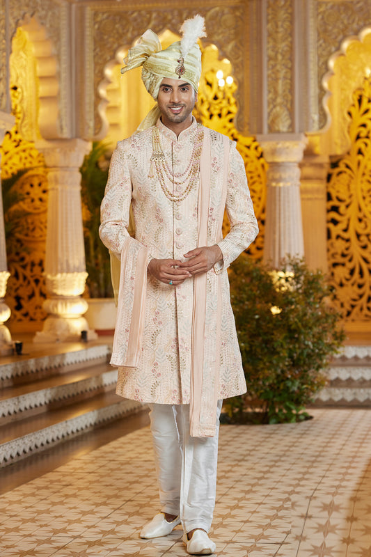Embroidered Peach Art Silk Sherwani (NMK-8188) - Nihal Fashions
