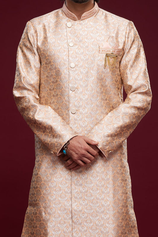 Embroidered Peach Banarasi Jaquard Indo Western (NMK-7025) - Nihal Fashions