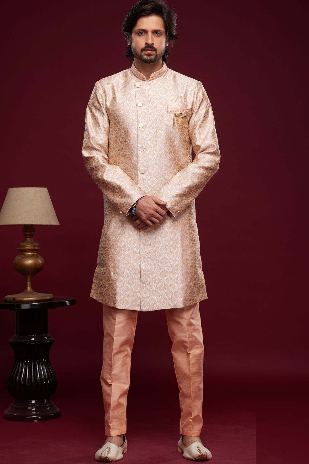 Embroidered Peach Banarasi Jaquard Indo Western (NMK-7025) - Nihal Fashions