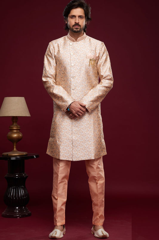 Embroidered Peach Banarasi Jaquard Indo Western (NMK-7025) - Nihal Fashions