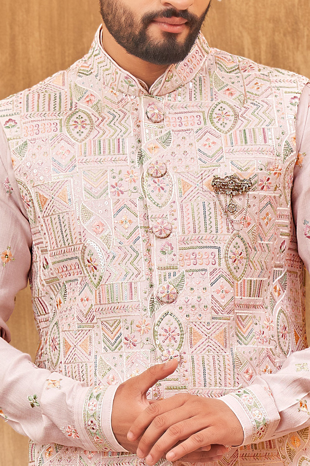 Embroidered Pink Art Silk Nehru Jacket (NMK-8010) - Nihal Fashions