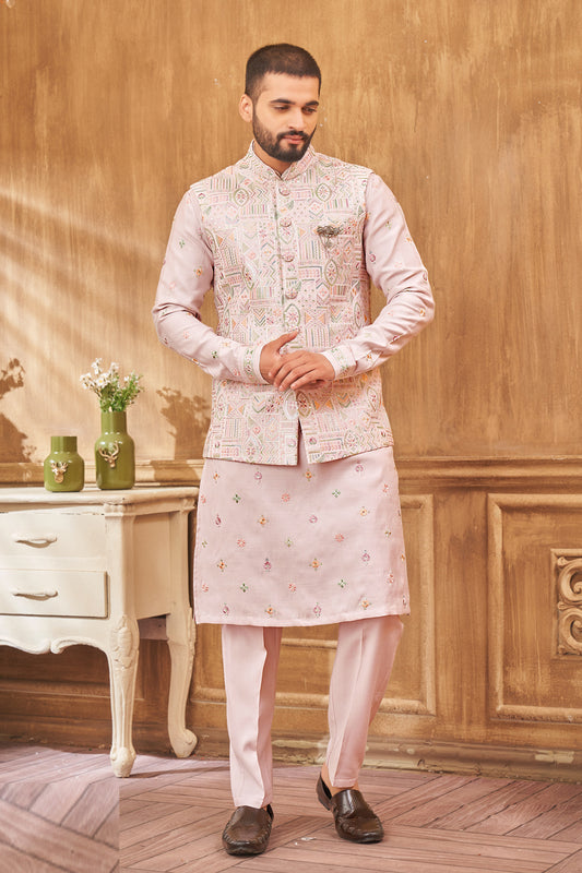 Embroidered Pink Art Silk Nehru Jacket (NMK-8010) - Nihal Fashions