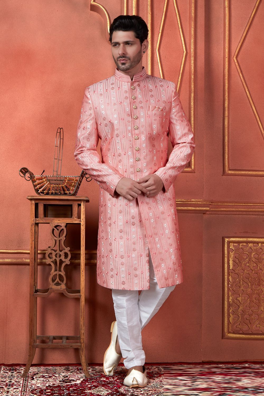 Embroidered Pink Art Silk Sherwani (NMK-7729) - Nihal Fashions