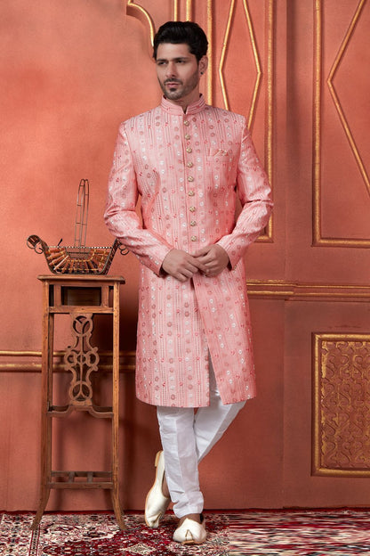 Embroidered Pink Art Silk Sherwani (NMK-7729) - Nihal Fashions