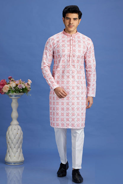 Embroidered Pink Cotton Kurta Pajama (NMK-7516) - Nihal Fashions