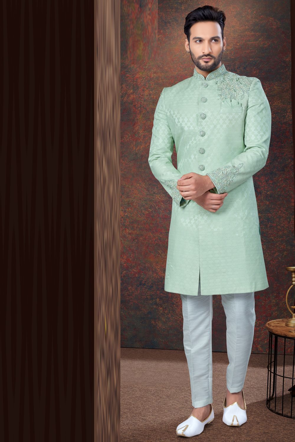 Embroidered Pista Green Jaquard Indo Western (NMK-7791) - Nihal Fashions