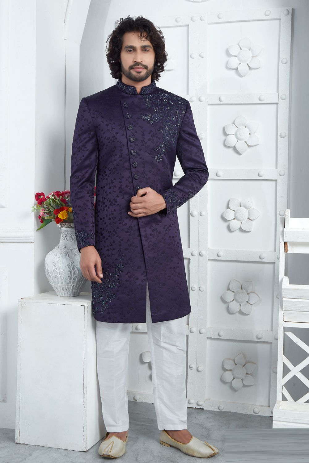 Embroidered Purple Art Silk Sherwani (NMK-7718) - Nihal Fashions
