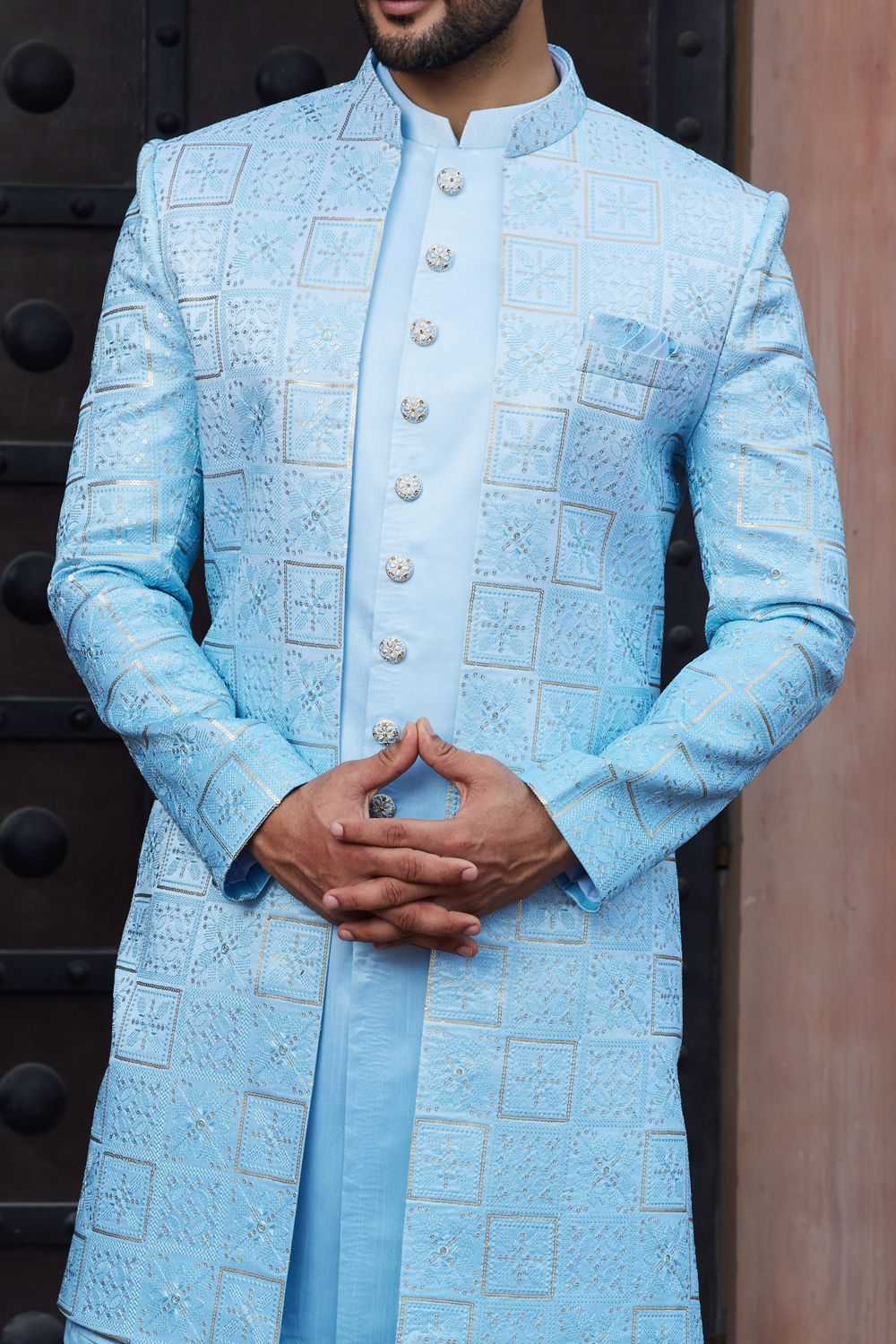 Embroidered Shaded Sky Blue Art Silk Indo Western (NMK-7105) - Nihal Fashions