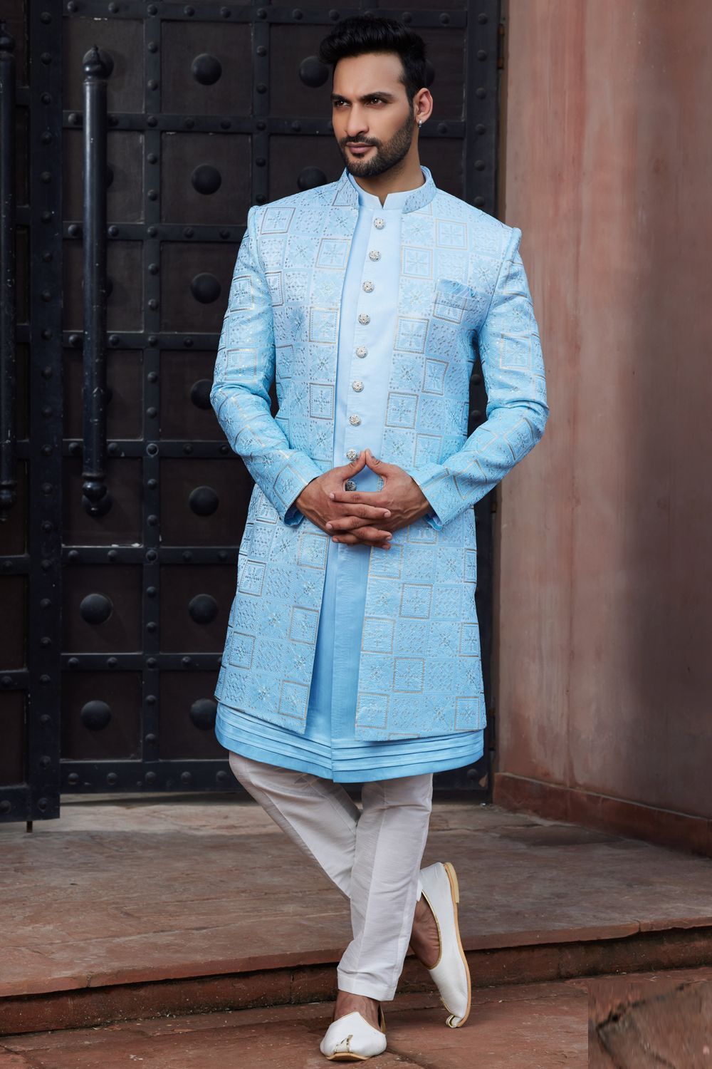 Embroidered Shaded Sky Blue Art Silk Indo Western (NMK-7105) - Nihal Fashions