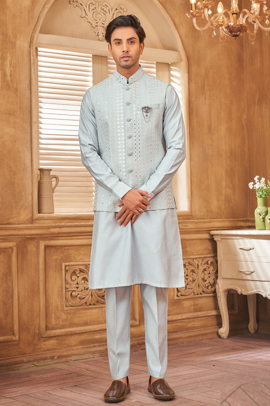 Embroidered Sky Blue Art Silk Nehru Jacket (NMK-8009) - Nihal Fashions